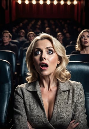 a 50 years old Beautiful blonde British woman sitting in a dimly lit cinema auditorium, (open big wide eyes and mouth very big wide in fear), unconscious, dramatic angles and poses, perfect female anatomy, realistic and detailed horror movie poster style, surreal, masterpiece,