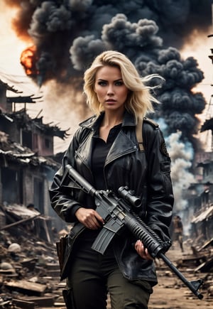 Beautiful American blonde woman in a killer style, holding a machine gun, in front of an exploding slum in China, eerie sky, dramatic angle, realistic and detailed horror movie style, surreal, masterpiece,