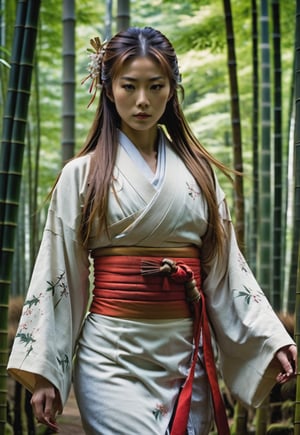 ((full body angle)), Beautiful Japanese shrine maiden woman, award-winning beautiful face, long hair blowing in the wind, charming and beautiful, ((too many monsters attack her)), 8k, raw, high resolution, masterpiece, hdr, in bamboo forest, film still, horror movie still, cinematic, horror movie still