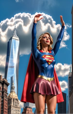 ((Full body angle:1.4)), supergirl, a hand up, Standing in front of new york skyscrapers,sky at clouds with ufo, landscape, masterpiece, best quality, ultra-detailed, high resolution 8K),perfect,High detailed,perfecteyes