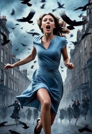 pale blue dress beautiful British woman running, screaming in fear, dramatic angle and pose, realistic and detailed, flock of crows flying in the spooky sky, retro horror movie style, ultra realistic, people fleeing on the city, masterpiece,