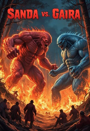 (Horror movie poster), (Large title, Dr. Frankenstein's monster: Sanda vs. Gaira), (Scene of two monsters fighting in a forest burning with tremendous flames: 2.0), (Main image, two huge humanoid monsters (Sanda with red body and Gaira with blue body) fighting in a forest fire: 2.0)), (Realistic style: 2.0), ((Male and female scholars watching the fight overlap at the bottom)), realistic details, horror movie, surreal, masterpiece, pavsok style,illustrated