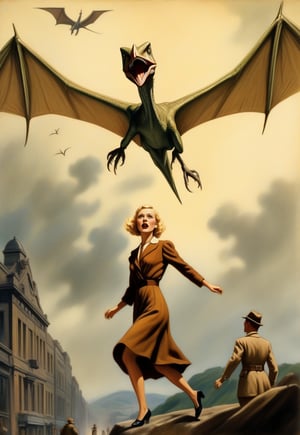 1930s, Pteranodon flies over a blonde British woman, scaring her into fleeing, realistic, detailed, horror movie-esque, surreal, masterpiece