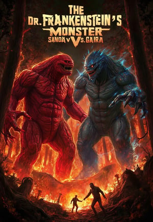 (horror movie poster), (big title, Dr. Frankenstein's monster: Sanda vs. Gaira), (scene of two monsters fighting in a forest burning with tremendous flames: 2.0), (main image, two huge humanoid monsters (Sanda with red body and Gaira with blue body) fighting in a forest fire: 2.0)), (realistic style: 2.0), ((the male and female chemists who created them overlap at the bottom)), realistic details, horror movie, surreal, masterpiece