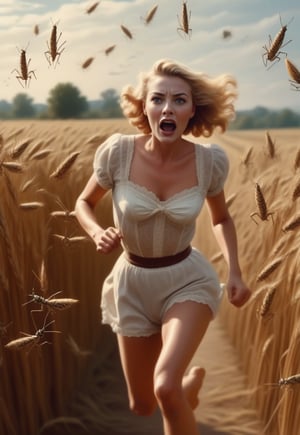 1950s, swarm of locusts fly over blonde English woman in lacy underwear as she runs away in fear, barefoot, spooky wheat field, realistic and detailed, horror movie style, surreal, masterpiece