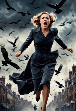 1930s, beautiful British woman running, screaming in fear, dramatic angle and pose, realistic and detailed, flock of crows flying in the spooky sky, retro horror movie poster style, ultra realistic, people fleeing on the city, masterpiece,
