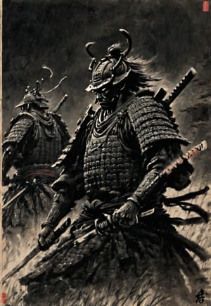 ((Seven Japanese samurai standing side by side in the wilderness)), no armor, ((front angle)), excellent image quality, exquisite detail, charcoal drawing, charcoal, popular Japanese action manga, ink painting, pouring rain, Japanese plains, holding swords, glowing eyes, fearless heroism, warriors