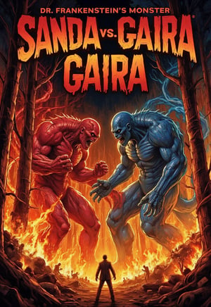 (horror movie poster), (big title, Dr. Frankenstein's monster: Sanda vs. Gaira), (Scene of two monsters fighting in a forest burning with tremendous flames: 2.0), (main image, two huge humanoid monsters (Sanda with red body and Gaira with blue body) fighting in a forest fire: 2.0)), (realistic style: 2.0), ((the male and female chemists who created them overlap at the bottom)), realistic details, horror movie, surreal, masterpiece,illustrated