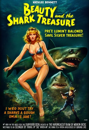 (modern adventure movie poster: 1.3), (big title, Beauty and the Shark Treasure, subtitles: 1.3), (Kathleen Bennett: 1.3), (main image, a beautiful blonde bikini woman with diving gear explores the ocean floor. she finds a sunken ship filled with gold and silver treasure, but sharks are swarming all around: 1.2), a creepy sunken ship and a man with an underwater gun overlaps,pavsok Style