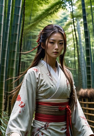 Beautiful Japanese shrine maiden woman, award-winning beautiful face, long hair blowing in the wind, charming and beautiful, 8k, raw, high resolution, masterpiece, hdr, in bamboo forest, ((too many zombies attack her)), film still, movie still, cinematic, movie still