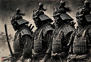 ((Seven Japanese Samurai Standing in a Row in the Wilderness)), no armor or masks, front angle, excellent image quality, exquisite details, charcoal drawing, charcoal, popular Japanese action manga, ink painting, pouring rain, Japanese plains, holding swords, shining eyes of justice, fearless heroism, warriors