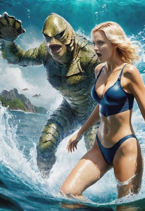 from sea level giant gill-man atack a ((white one piece swimsui)) beautiful blonde Ukrainian woman, on swimming, she freaks out and shout, dramatic angles and poses, perfect female anatomy, realistic, detailed, action movie poster style, surreal, on the sea, masterpiece,