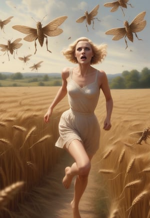 1930s, swarm of locusts fly over blonde English woman in lacy underwear as she runs away in fear, barefoot, spooky wheat field, realistic and detailed, horror movie style, surreal, masterpiece