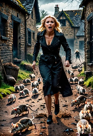 ((Full body angle)), Very beautiful blonde British woman, Spooky empty village, Swarm of rats crawling on the ground, Horror movie, Dramatic movement, Dark, running and Screaming with eyes wide open in fear, Scary atmosphere, Movie poster style, Photo,