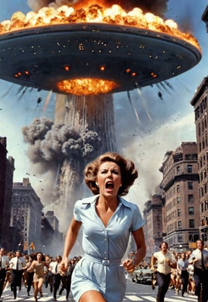 1970s, beautiful British woman screaming in fear, lots of peoples running in the background, dramatic angle, perfect female anatomy, realistic and detailed, movie style, super realistic, in front of the big UFO destroying the city of New-York Manhattan to rays, city is big explosion and flames, masterpiece,