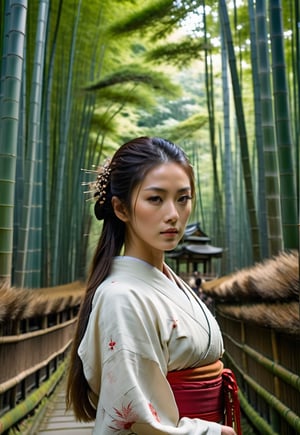 Beautiful Japanese woman in a shrine maiden, award-winning beautiful face, long hair blowing in the wind, charming and beautiful, 8k, raw, high resolution, masterpiece, hdr, Japanese bamboo forest background, too many Japanese ghosts attack her, film still, movie still, cinematic, movie still