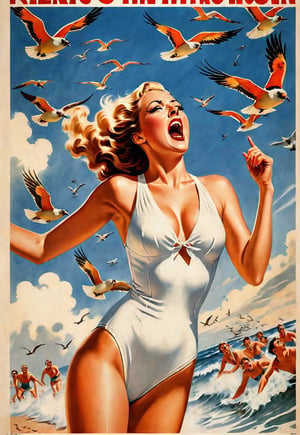 1930s, beautiful British woman in white one piece swimsuit, screaming in fear, dramatic angle and pose, realistic and detailed, flock of birds flying in the sky, retro horror movie poster style, ultra realistic, tigers, people fleeing on the beach, masterpiece,