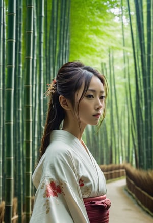 One young Japanese woman, award-winning beautiful face, long wet hair blowing in the wind, charming, neat kimono, calm posture, 8k, raw, high resolution, masterpiece, dslr, hdr, background of Japanese bamboo forest with temple, film still, movie still, cinematic, movie still