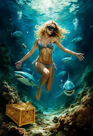 (modern adventure movie poster: 1.3), (big title, Beauty and the Shark Treasure, subtitles: 1.3), (Kathleen Bennett: 1.3), (main image, a beautiful blonde bikini woman with diving gear, explores the ocean floor. she finds a sunken ship filled with gold and silver treasure, but sharks are swarming all around: 1.2), a creepy sunken ship overlaps,pavsok Style