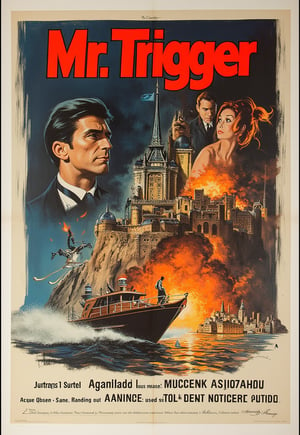 (Spy action movie poster: 1.3), (Big title, Mr. Trigger appears out of nowhere, subtitles: 1.3), (Glenn Carter: 1.3), (Cool British spy agent saves sexy blonde and escapes from bombed out terrorist fortress by boat: 1.2), (Gorgeous, acrobatic, exhilarating action: 1.1)