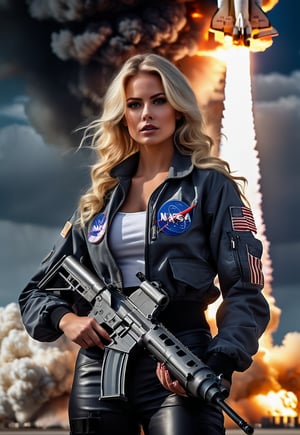 Beautiful American blonde woman with machine gun in hand, in front of burning American NASA space shuttle, ominous sky, dramatic angle, realistic and detailed horror movie style, surreal, masterpiece,