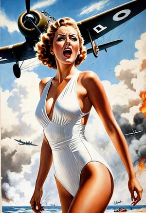 in 1930s, a white one piece swimsuit beautiful British woman, she screams in fear, dramatic angles and poses, realistic and detailed, bomber in the sky, retro horror movie poster style, super realistic, in the beach of war on big fire, masterpiece,