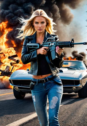 standing a beautiful american blonde woman, a hand in a machine-gun, dramatic angles, realistic and detailed action movie style, Italian coast roads, sports-Car crashes, explodes and bursts into flames on the road, eerie skies, surreal, masterpieces,