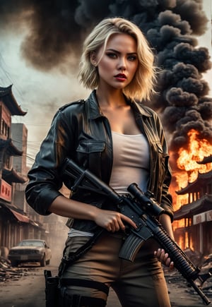 Beautiful American blonde woman in a killer style, machine gun in hand, in front of a burning Chinese downtown, eerie sky, dramatic angle, realistic and detailed horror movie style, surreal, masterpiece,