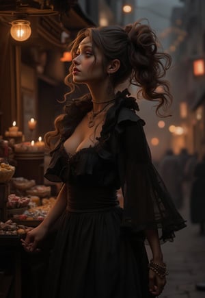 One girl, elegant woman, walking through town on Halloween night, wavy ponytail hair, looking up, sexy black Halloween dress, Halloween theme, candy collection setting, streetscape dotted with candles