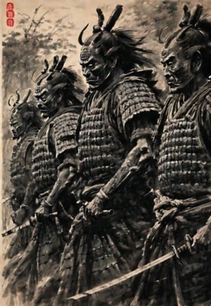 ((Seven Japanese samurai standing side by side in the wilderness)), excellent image quality, exquisite detail, charcoal drawing, charcoal, popular Japanese action manga, ink painting, Japanese plains, holding swords, glowing eyes, fearless heroism, warriors