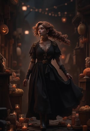 One girl, elegant woman, walking through town on Halloween night, wavy ponytail hair, looking up, sexy black Halloween dress, Halloween theme, candy collection setting, streetscape dotted with candles