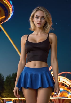 1 slender woman, night, standing amusement park, 8K, raw photos, highest quality, masterpiece, real, 26 years old woman, tank-top and short skirt, sagging breasts, big nipples, barefoot, medium hair, blond hair , Random and sexy poses, eyes distributing, honey eyes, big UFO in the spooky sky