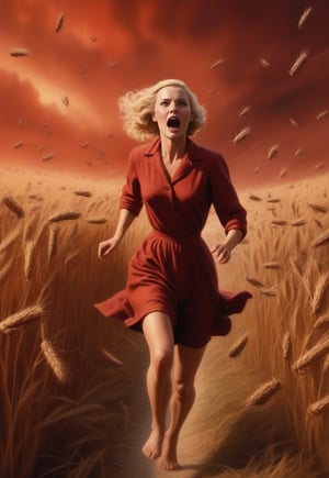 1930s, swarm of locusts fly over blonde English woman as she runs away in fear, barefoot, wheat field in spooky red sky, realistic and detailed, horror movie style, surreal, masterpiece