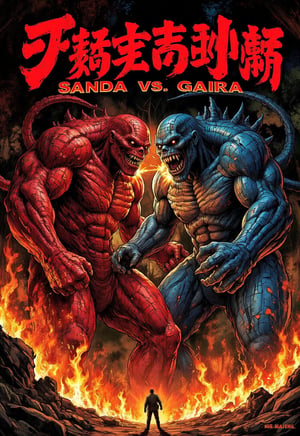 (horror movie poster), (big title, Dr. Frankenstein's monster: Sanda vs. Gaira), (Scene of two monsters fighting in a forest burning with tremendous flames: 2.0), (main image, two huge humanoid monsters (Sanda with red body and Gaira with blue body) fighting in a forest fire: 2.0)), (realistic style: 2.0), ((the male and female chemists who created them overlap at the bottom)), realistic details, horror movie, surreal, masterpiece,illustrated