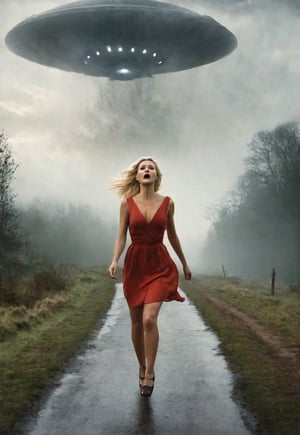 complex horror movie. a beautiful, slender, blonde, 26 year old British woman encounters a giant UFO and screams in terror, eyes wide open. ((spooky, misty English country road, waist-high close-up of a frightened, frantic screaming woman in the foreground at the bottom of the frame, a large UFO looming over her in the sky in the background.), dramatic movement, atmosphere, cinematography, photography, pencil, watercolor, bright, rich colors, Gabriele Dello, Charles Victor Tillion, Karl Eugen Kiel, Carl Lundgren, pencil drawing