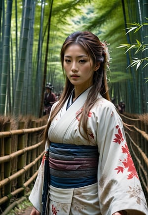 Beautiful Japanese woman in a shrine maiden, award-winning beautiful face, long hair blowing in the wind, charming and beautiful, 8k, raw, high resolution, masterpiece, hdr, in bamboo forest, ((too many zombies attack her)), film still, movie still, cinematic, movie still