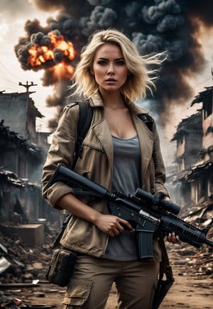 Beautiful American blonde woman in a killer style, holding a machine gun, in front of an exploding slum in China, eerie sky, dramatic angle, realistic and detailed horror movie style, surreal, masterpiece,