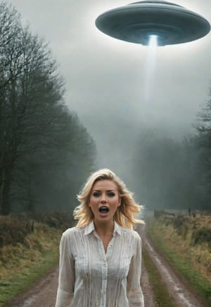 a beautiful, slender, blonde, 26 year old British woman encounters a giant UFO and screams in terror, eyes wide open. ((spooky, misty English country road, waist-high close-up of a frightened, frantic screaming woman in the foreground at the bottom of the frame, a large UFO looming over her in the sky in the background.), atmosphere, cinematography, photography, pencil, watercolor, bright, rich colors, Gabriele Dello, Charles Victor Tillion, Karl Eugen Kiel, Carl Lundgren, pencil drawing,MoviePosterAF