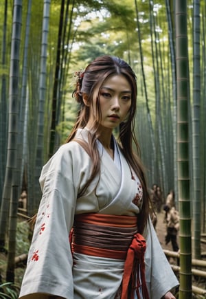 Beautiful Japanese shrine maiden woman, award-winning beautiful face, long hair blowing in the wind, charming and beautiful, ((too many zombies attack her)), 8k, raw, high resolution, masterpiece, hdr, in bamboo forest, film still, horror movie still, cinematic, horror movie still