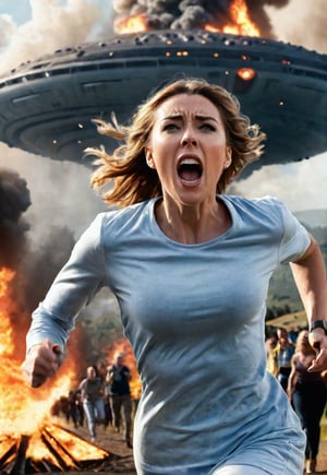 beautiful British woman screaming in fear, lots of peoples running in the background, dramatic angle, perfect female anatomy, realistic and detailed, movie style, super realistic, in front of the big UFO destroying the village to rays, village on big fire, masterpiece,
