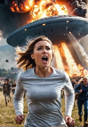 beautiful British woman screaming in fear, lots of peoples running in the background, dramatic angle, perfect female anatomy, realistic and detailed, movie style, super realistic, in front of the big UFO attacking the village to rays, village on big fire, masterpiece,