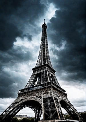 Panoramic view, France, Eiffel Tower, eerie sky, dramatic angle, realistic and detailed action movie style, surreal, masterpiece,