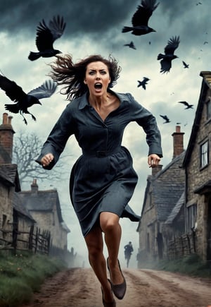 a beautiful British woman running, screaming in fear, dramatic angle and pose, realistic and detailed, flock of crows flying in the spooky sky, retro horror movie style, ultra realistic, people fleeing on the village, masterpiece,