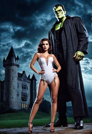 Beautiful English woman and Frankenstein's spoky monster, she standing barefoot, dramatic angle and pose, perfect female anatomy, realistic and detailed, retro horror movie poster style, surreal, ((spooky old castle at night in thunderbolt sky)), masterpiece,