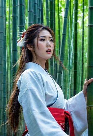 Prompt: Beautiful Japanese woman in a shrine maiden, award-winning beautiful face, long hair blowing in the wind, charming and beautiful, 8k, raw, high resolution, masterpiece, hdr, in bamboo forest, ((too many zombies attack her)), film still, movie still, cinematic, movie still