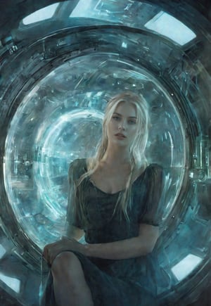 a beautiful, slender, blonde, 26-year-old British woman is abducted by a giant UFO and stands in a coma inside a transparent cylinder inside the ship (mechanical, eerie interior) with aliens watching her, atmosphere, cinematography, photography, pencil, watercolor, bright, rich colors, Gabriele Dello, Charles Victor Tillion, Karl Eugen Kiel, Carl Lundgren, pencil drawing