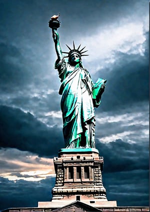 landscape, America, Statue of Liberty, eerie sky, dramatic angles, realistic and detailed action movie style, surreal, masterpiece,