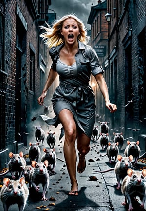 ((Full body angle)), a blonde British woman, barefoot, Spooky city, Swarm of grey rats attacking her, Horror movie, Dramatic movement, Dark, running and Screaming with eyes wide open in fear, Scary atmosphere, Movie poster style, Photo,