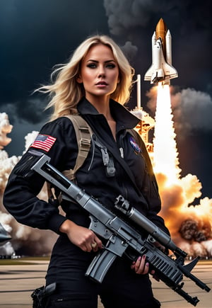 Beautiful American blonde woman with machine gun in hand, in front of burning American NASA space shuttle, ominous sky, dramatic angle, realistic and detailed horror movie style, surreal, masterpiece,