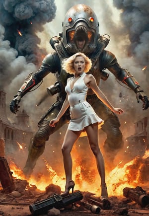 1930s, few space monsters attack a blonde Ukrainian woman standing with a ray gun, she freaks out, bare feet, dramatic angles and poses, perfect female anatomy, realistic, detailed, horror movie style, surreal, night martian wasteland, big Explosive Flames, masterpiece,